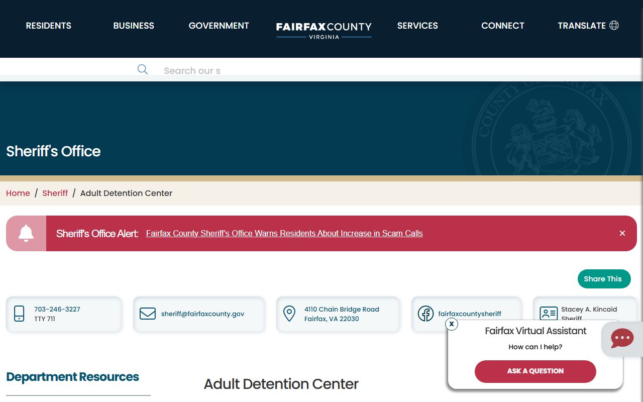 Fairfax County Sheriff's Office Adult Detention Center Fairfax County 72 hour booking page