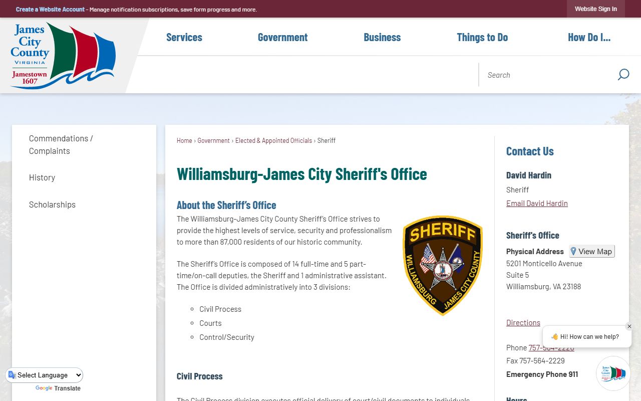 James City County Sheriff's Office 72 hour booking page