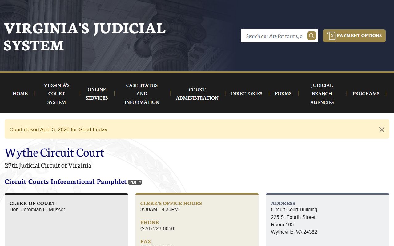 Wythe County Circuit Court 72 hour booking case lookup page