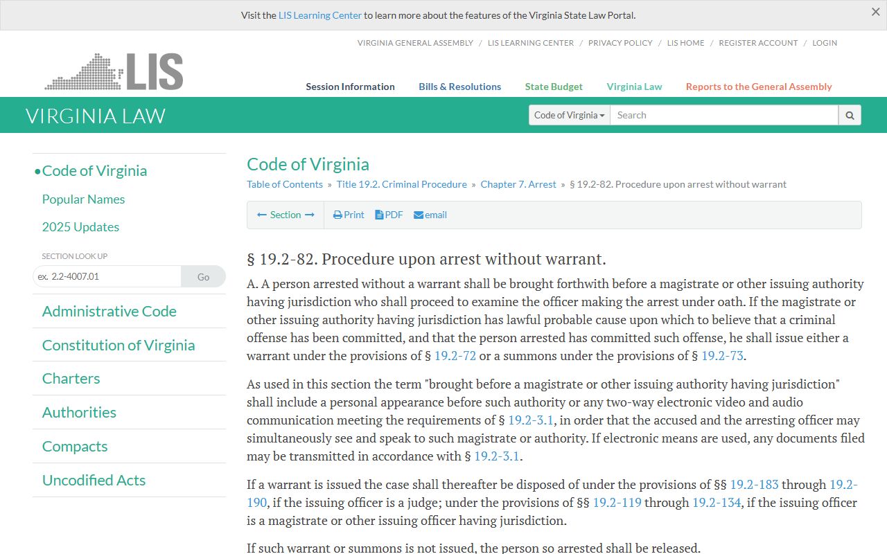 Virginia Code 19.2-82 arrest without warrant 72 hour booking procedure